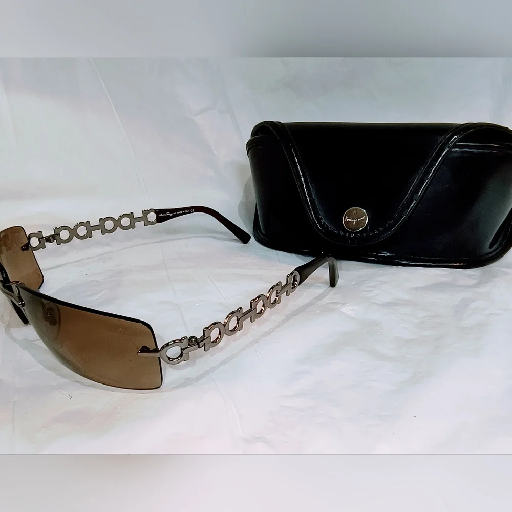 FERRAGAMO - Salvatore Ferragamo Brown Sunglasses with Muted Silver Frames & Case